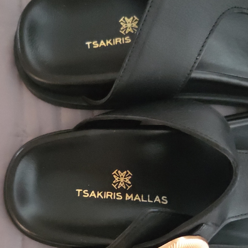 Chic Black Leather Sandals with Gold Buckle (New) - Picture 2 of 7